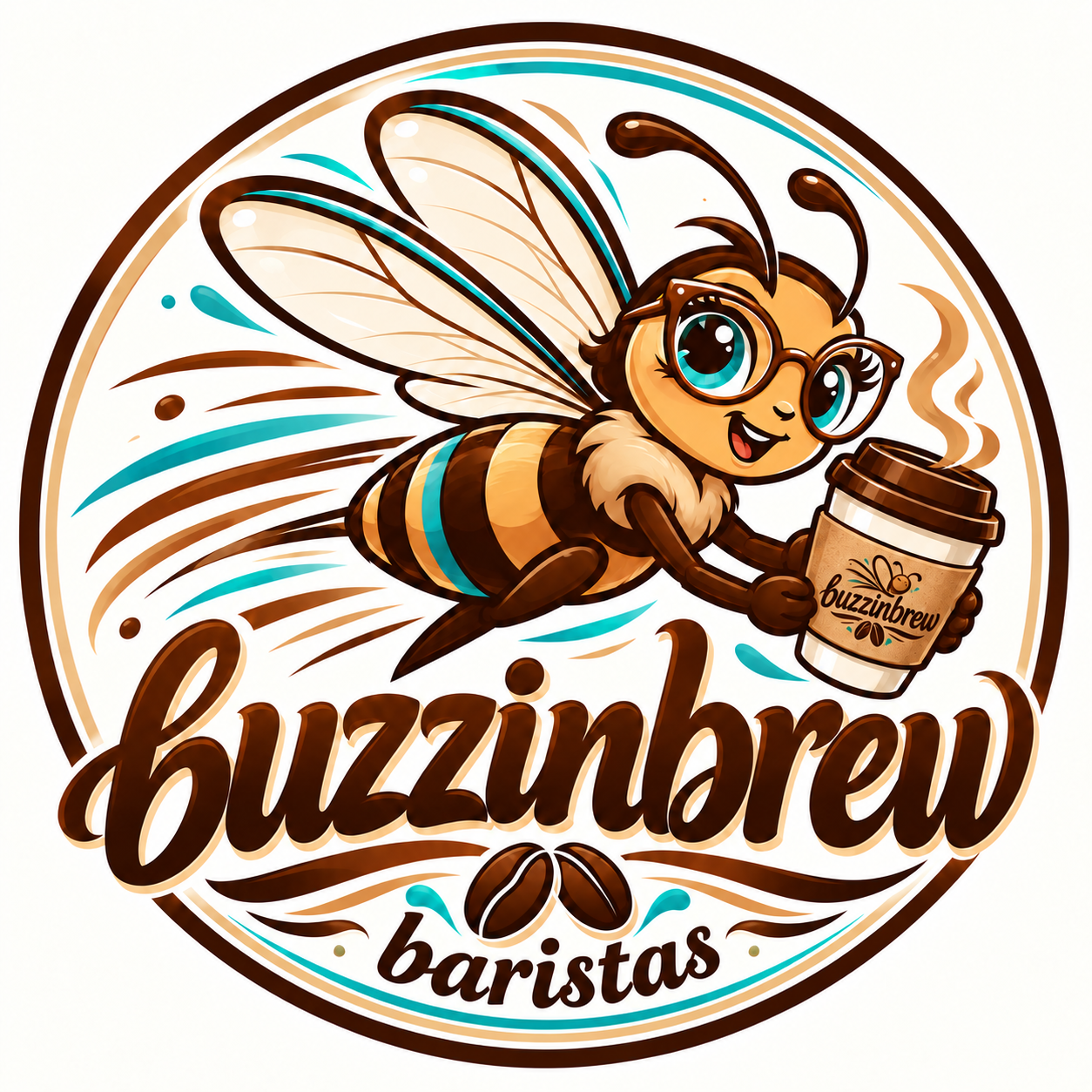 Buzzin Brew bee mascot holding a cup